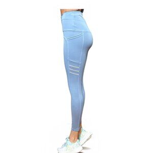 Women's High-Waisted Sky Blue Leggings - Stylish Compression Fit, Side Pocket